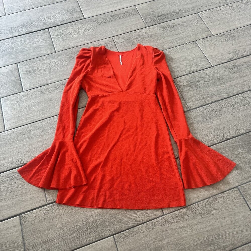 ORANGE Red Mini Free People Talk About it Flute Sleeve Dress Size XS Boho (132)